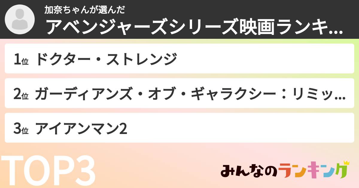 加奈ちゃんさんの「アベンジャーズシリーズ映画ランキング」