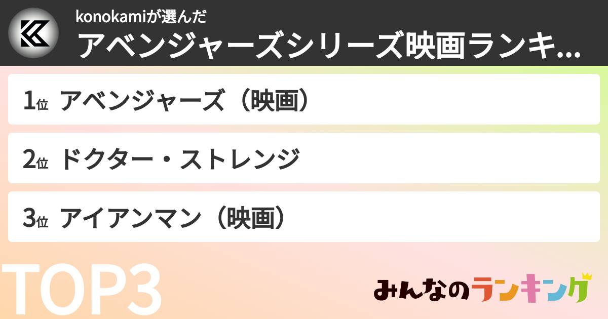 konokamiさんの「アベンジャーズシリーズ映画ランキング」