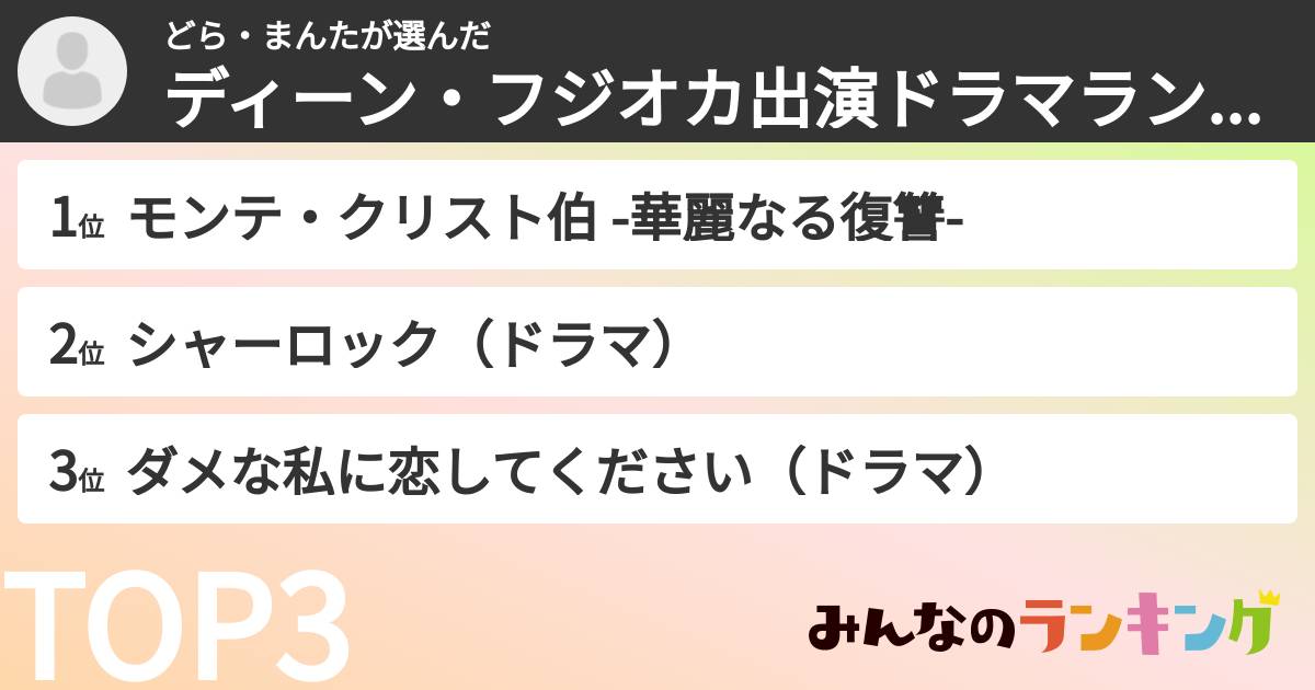 どら・まんたさんの「ディーン・フジオカ出演ドラマランキング」