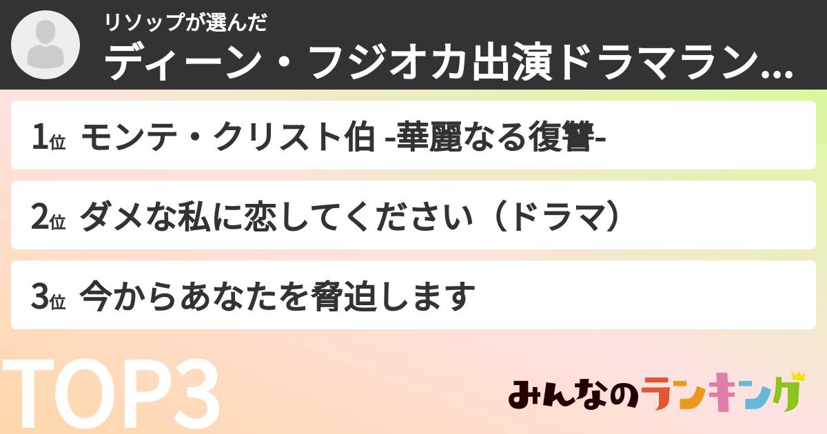 リソップさんの「ディーン・フジオカ出演ドラマランキング」