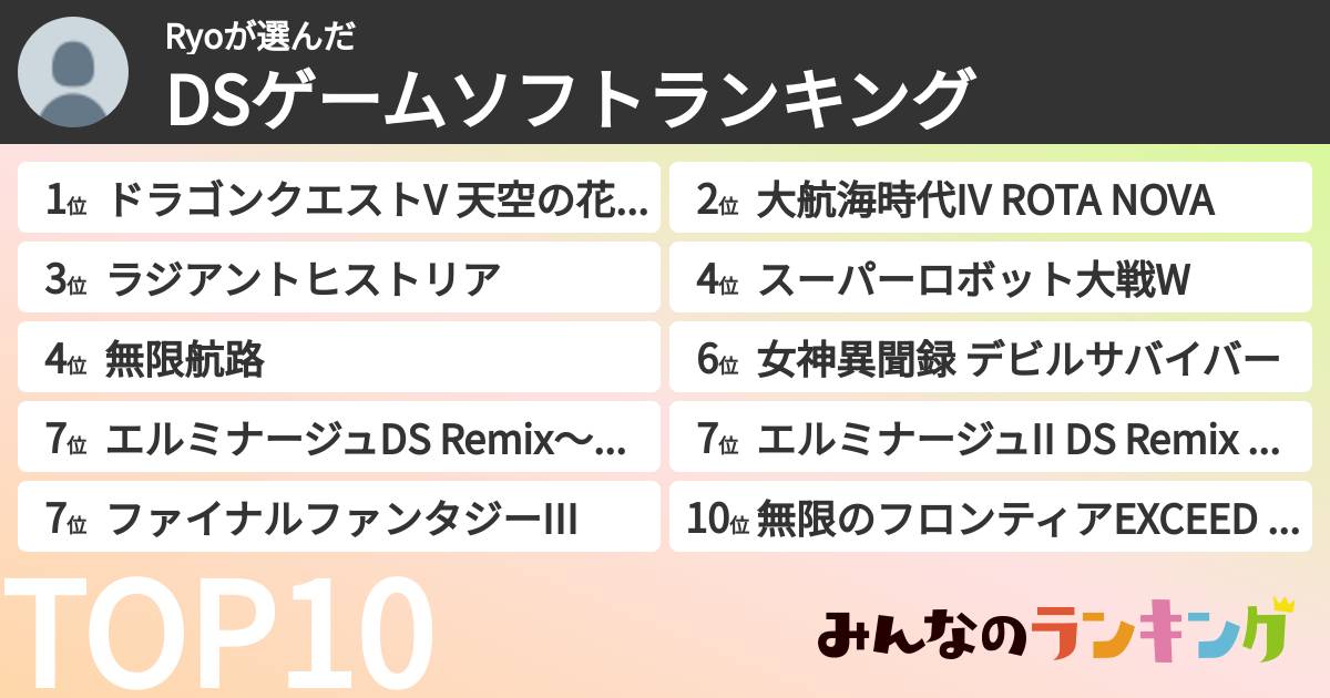 Ryoさんの「DSゲームソフトランキング」
