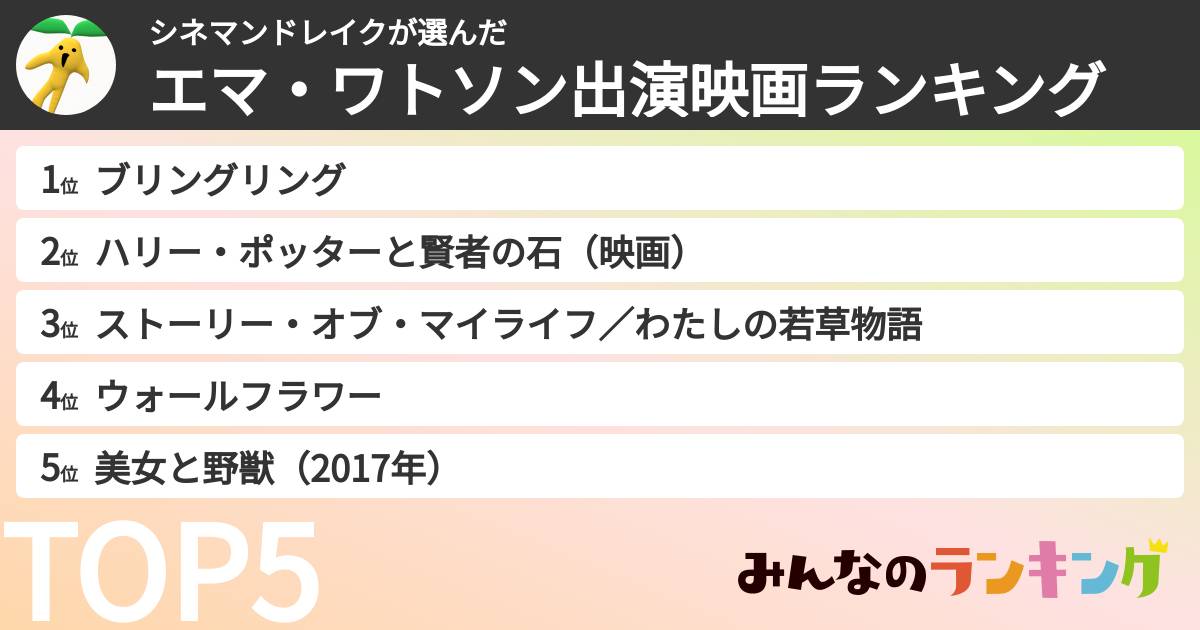 シネマンドレイクさんの「エマ・ワトソン出演映画ランキング」