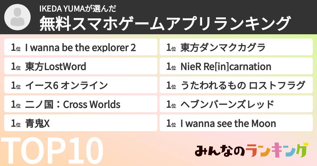 IKEDA YUMAさんの「無料スマホゲームアプリランキング」