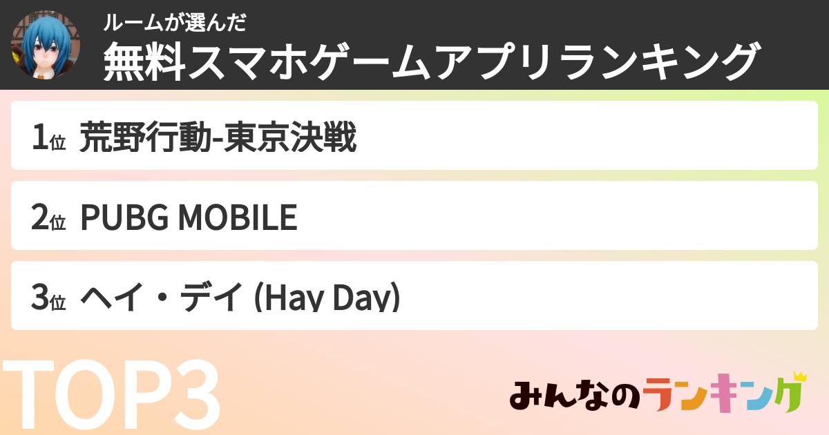 ルームさんの「無料スマホゲームアプリランキング」