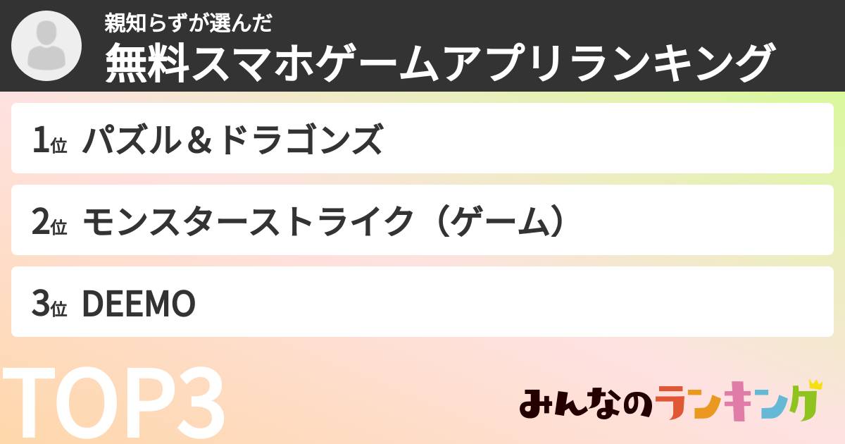 親知らずさんの「無料スマホゲームアプリランキング」