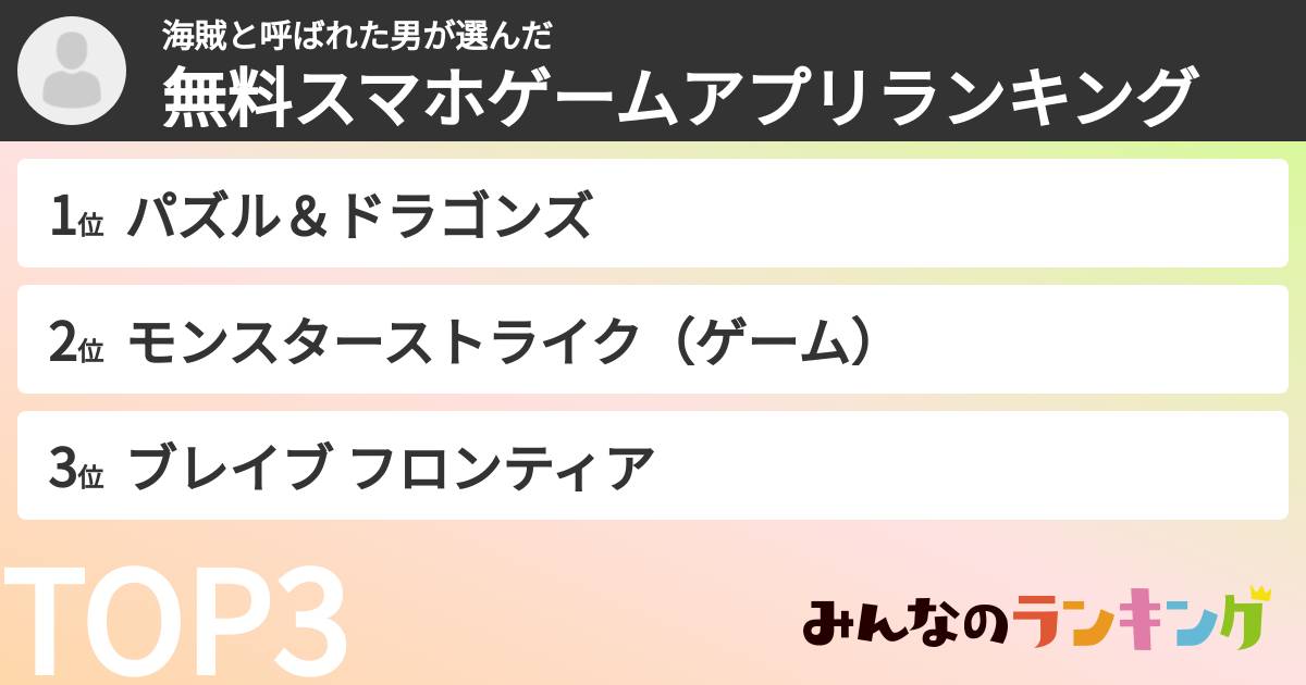 海賊と呼ばれた男さんの「無料スマホゲームアプリランキング」