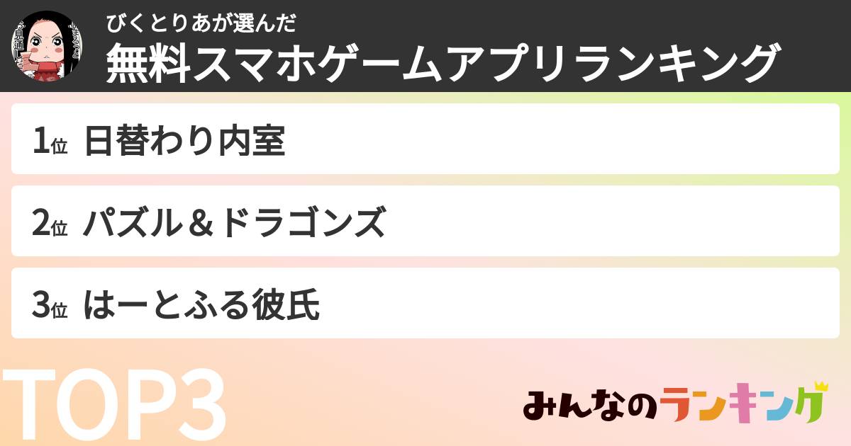 びくとりあさんの「無料スマホゲームアプリランキング」