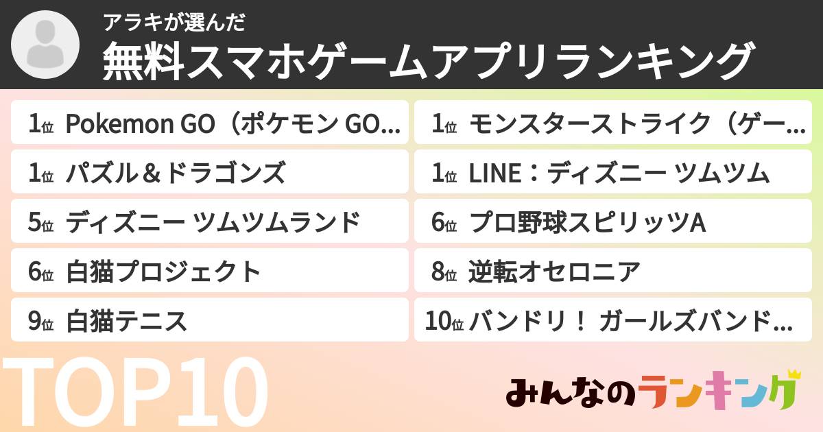 アラキさんの「無料スマホゲームアプリランキング」
