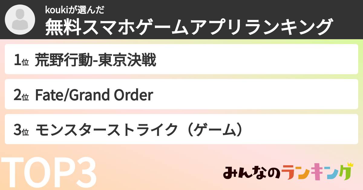koukiさんの「無料スマホゲームアプリランキング」