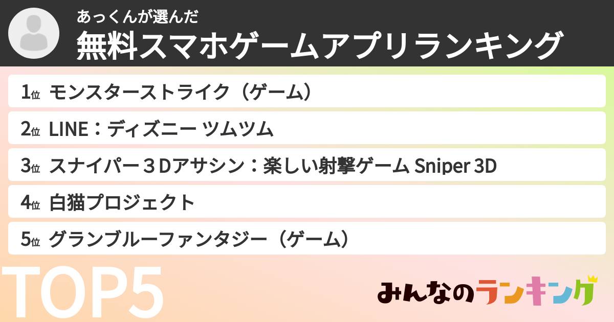 あっくんさんの「無料スマホゲームアプリランキング」