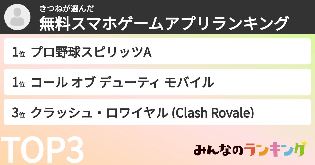きつねさんの「無料スマホゲームアプリランキング」