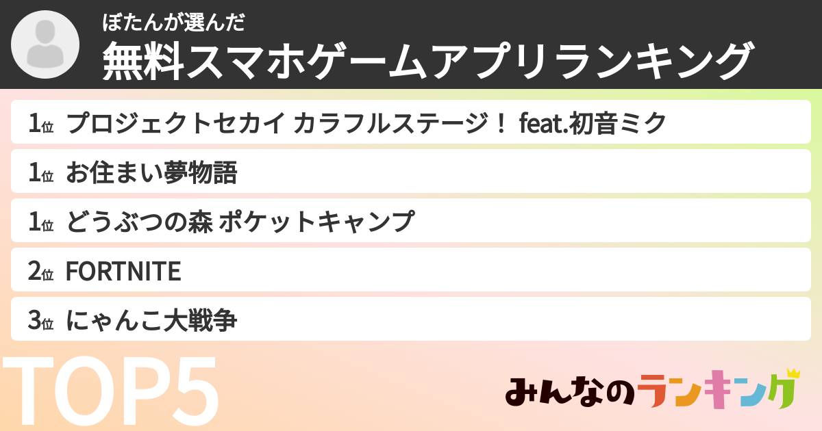ぼたんさんの「無料スマホゲームアプリランキング」