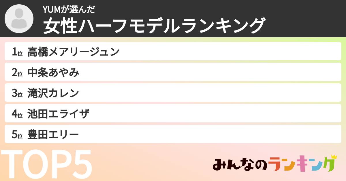 YUMさんの「女性ハーフモデルランキング」