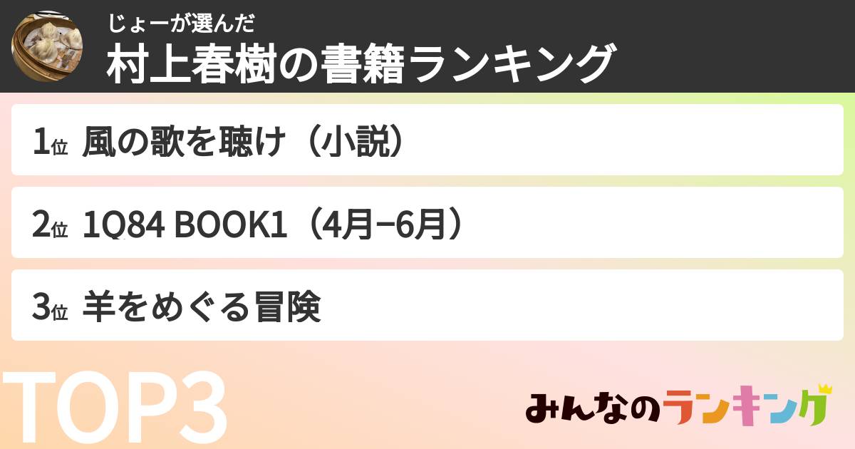 じょーさんの「村上春樹の書籍ランキング」