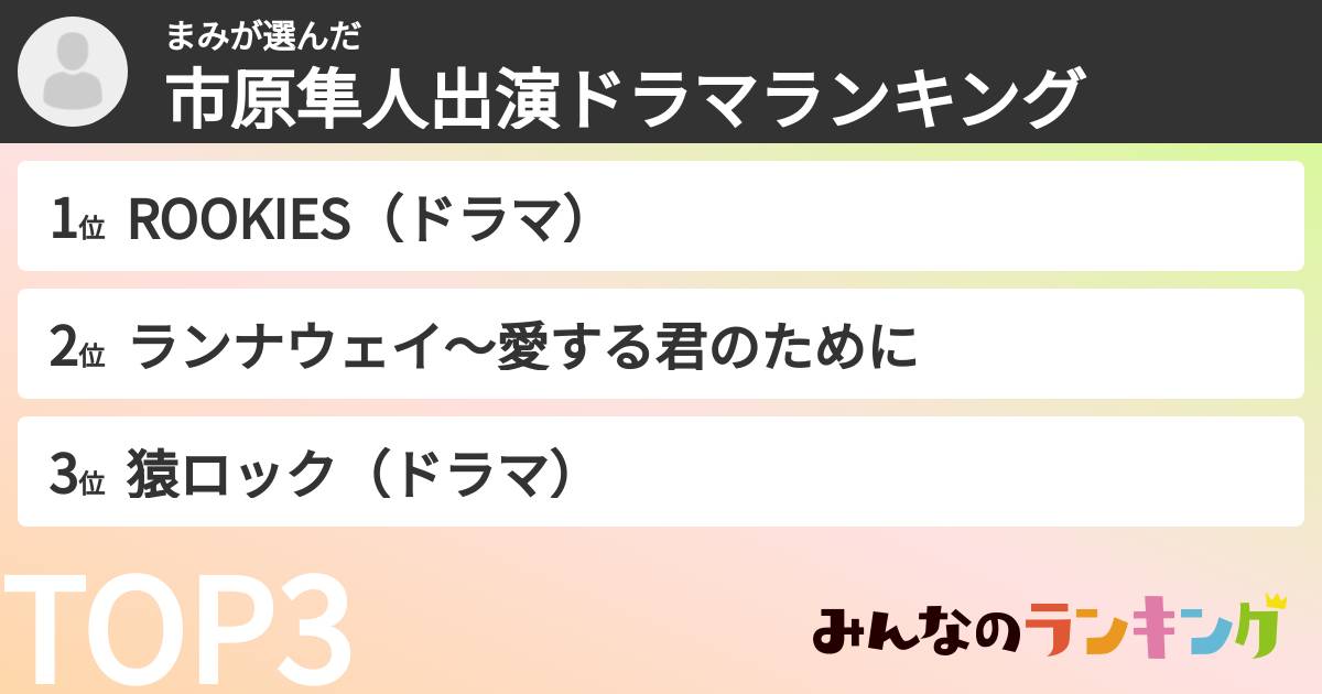 まみさんの「市原隼人出演ドラマランキング」