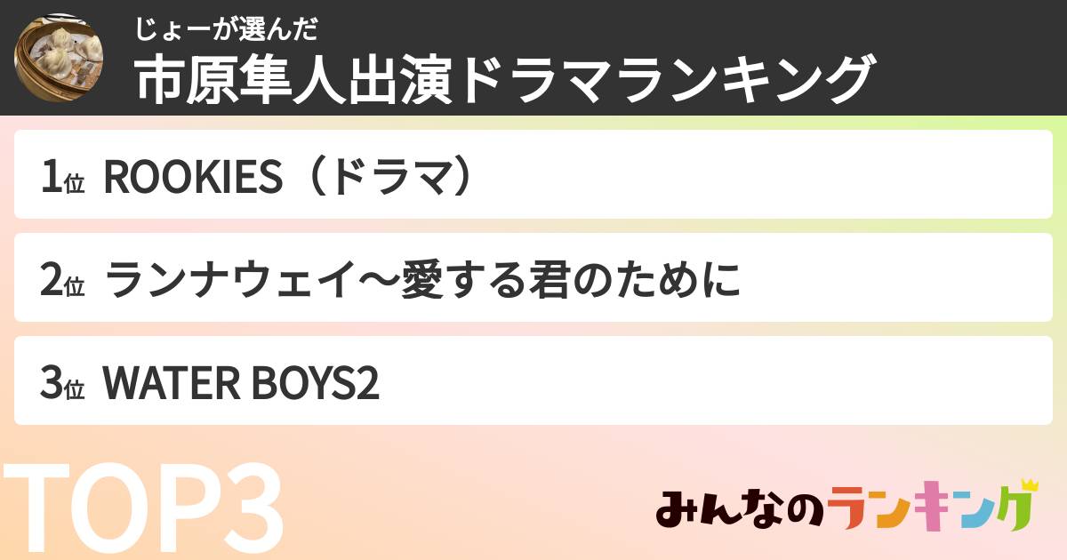 じょーさんの「市原隼人出演ドラマランキング」
