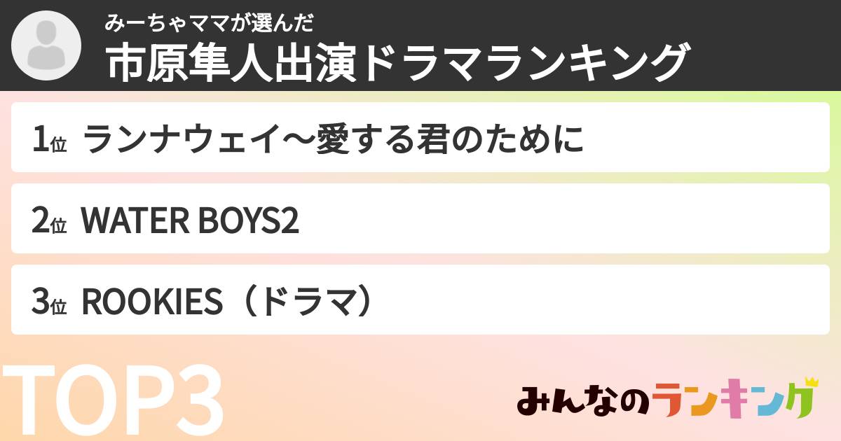 みーちゃママさんの「市原隼人出演ドラマランキング」