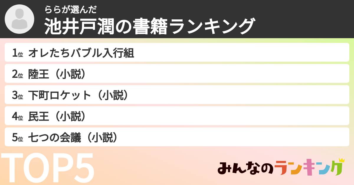 ららさんの「池井戸潤の書籍ランキング」