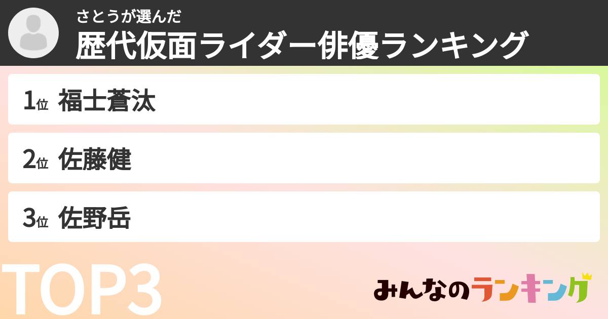 さとうさんの「歴代仮面ライダー俳優ランキング」