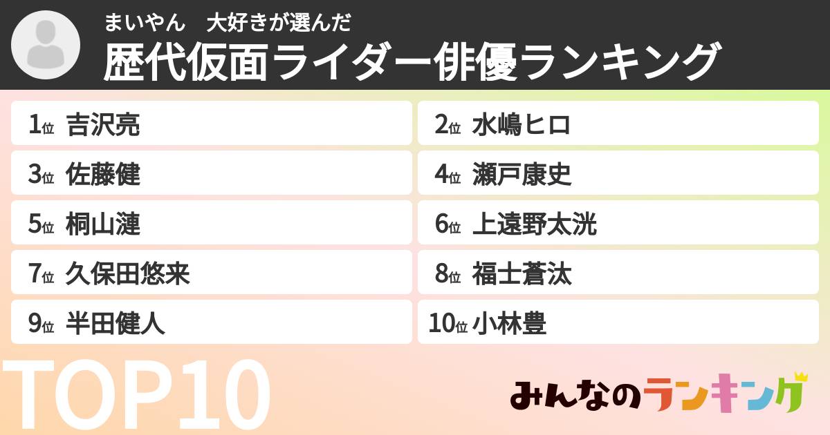 まいやん　大好きさんの「歴代仮面ライダー俳優ランキング」