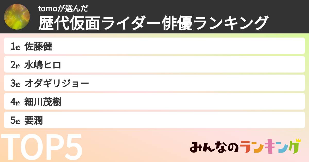 tomoさんの「歴代仮面ライダー俳優ランキング」