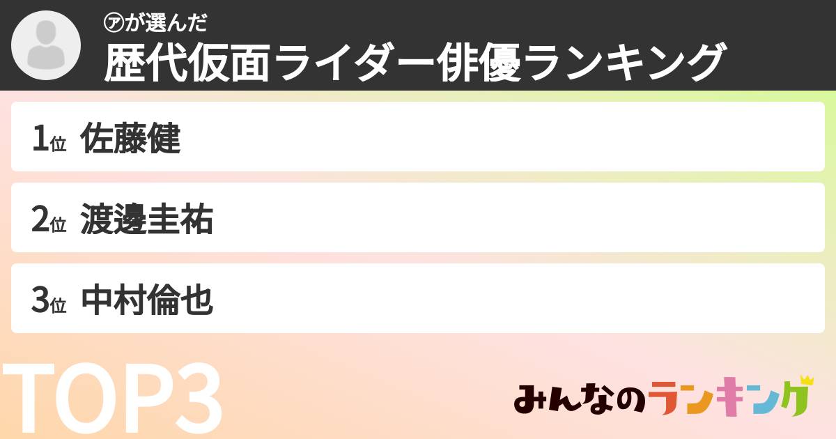 ㋐さんの「歴代仮面ライダー俳優ランキング」
