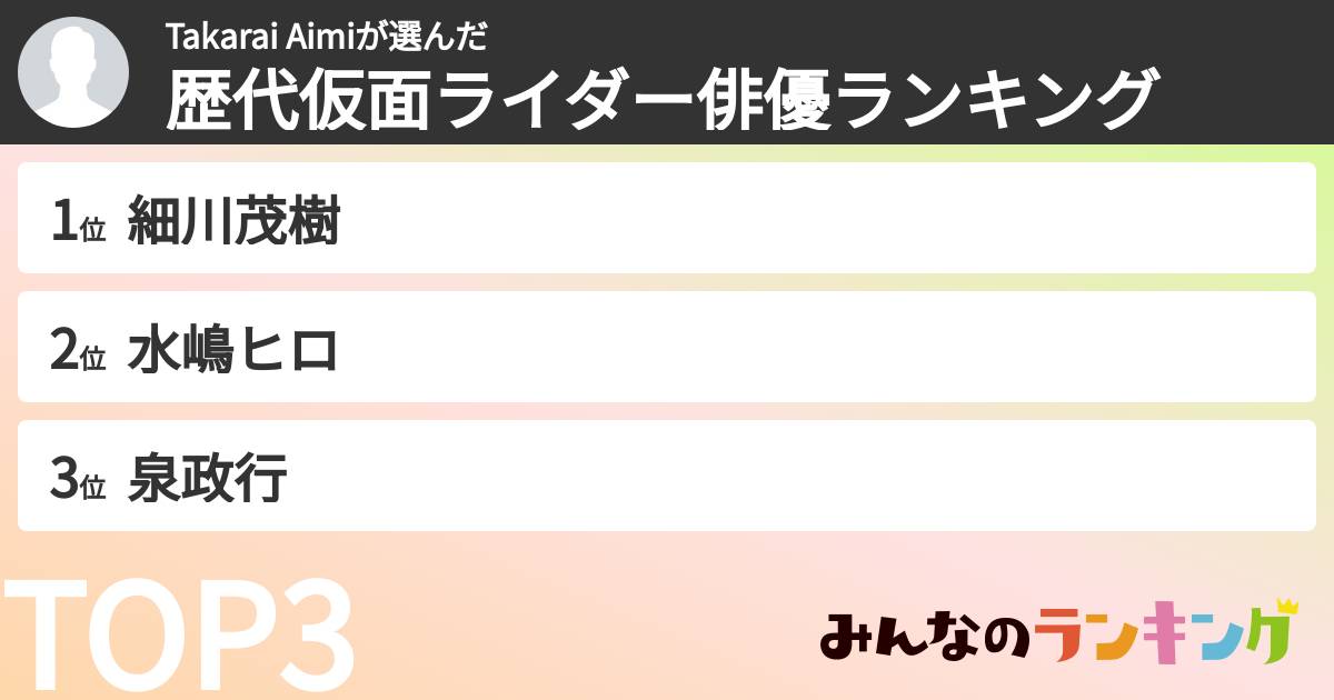 Takarai Aimiさんの「歴代仮面ライダー俳優ランキング」