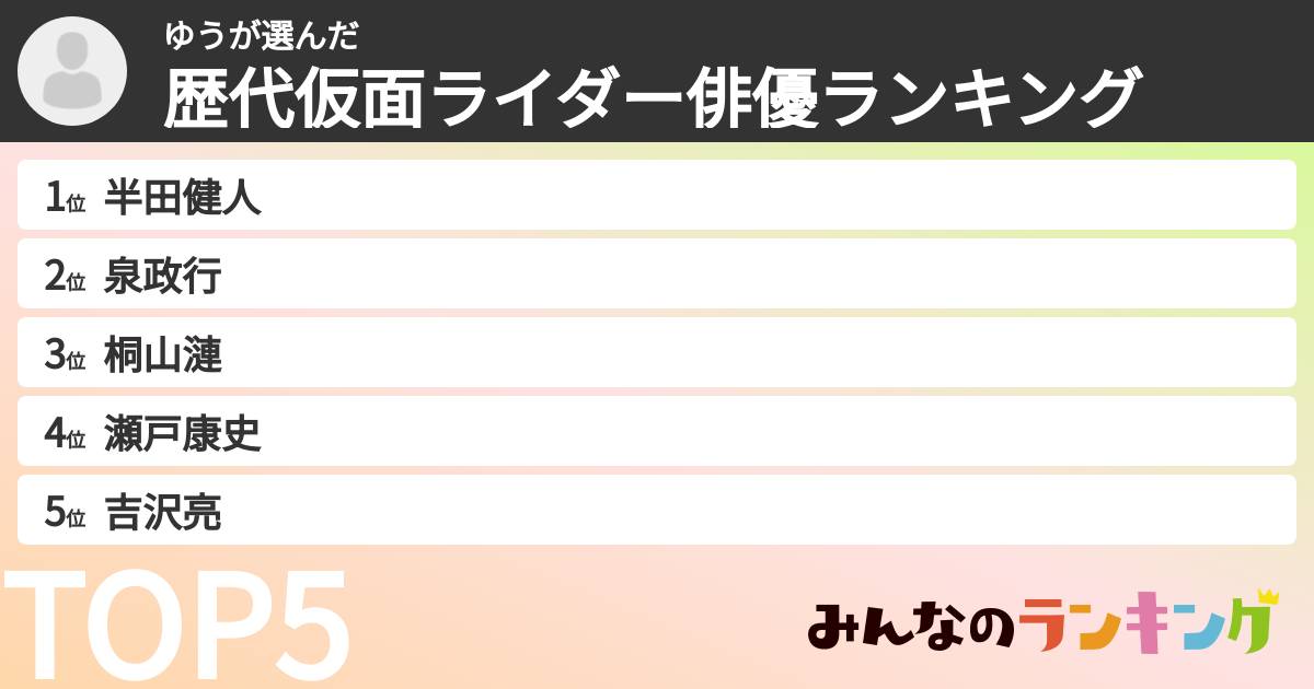 ゆうさんの「歴代仮面ライダー俳優ランキング」