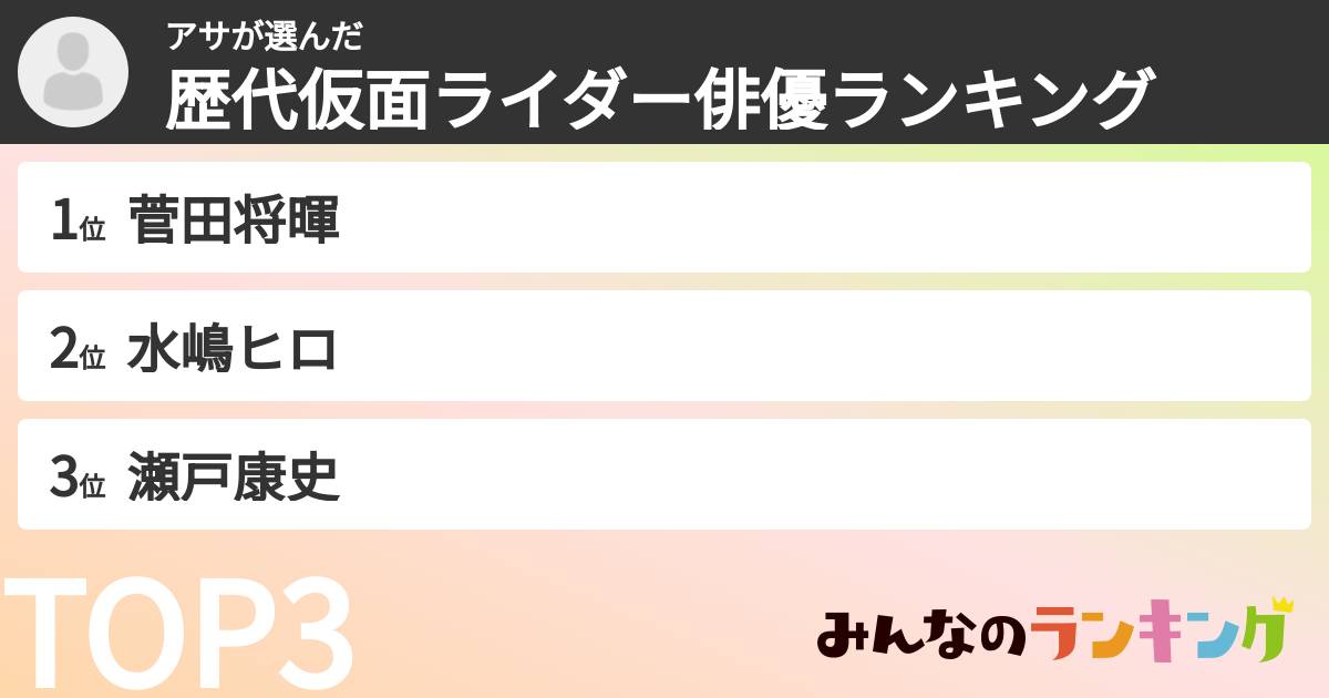 アサさんの「歴代仮面ライダー俳優ランキング」
