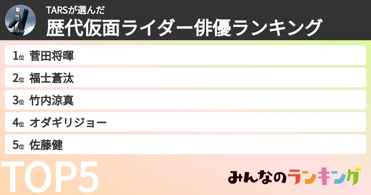 TARSさんの「歴代仮面ライダー俳優ランキング」
