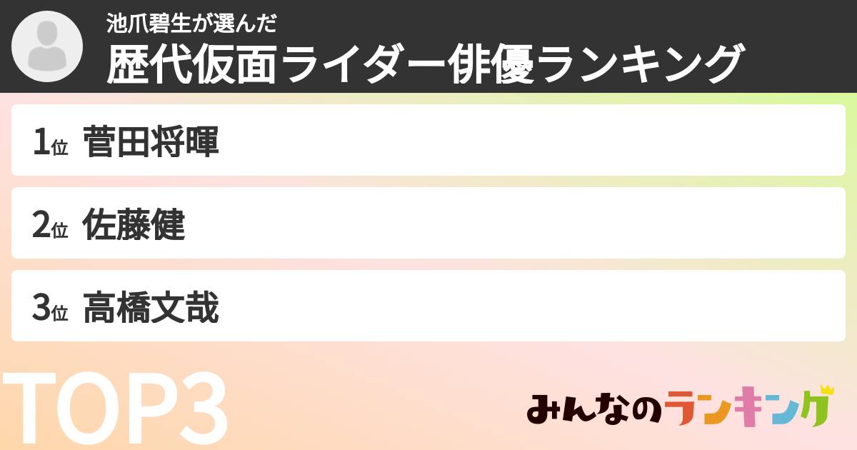 池爪碧生さんの「歴代仮面ライダー俳優ランキング」