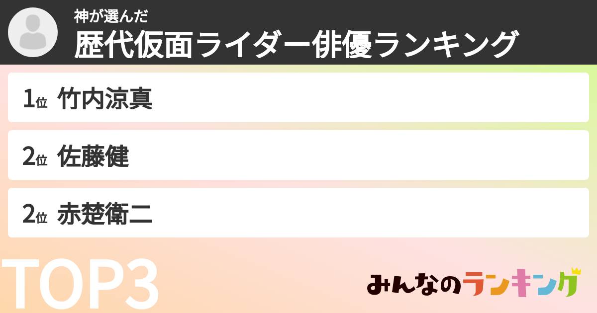 神さんの「歴代仮面ライダー俳優ランキング」