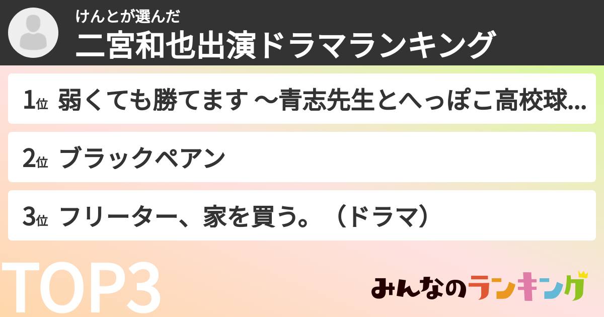 けんとさんの「二宮和也出演ドラマランキング」
