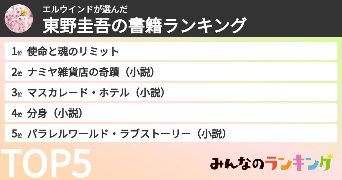 エルウインドさんの「東野圭吾の書籍ランキング」
