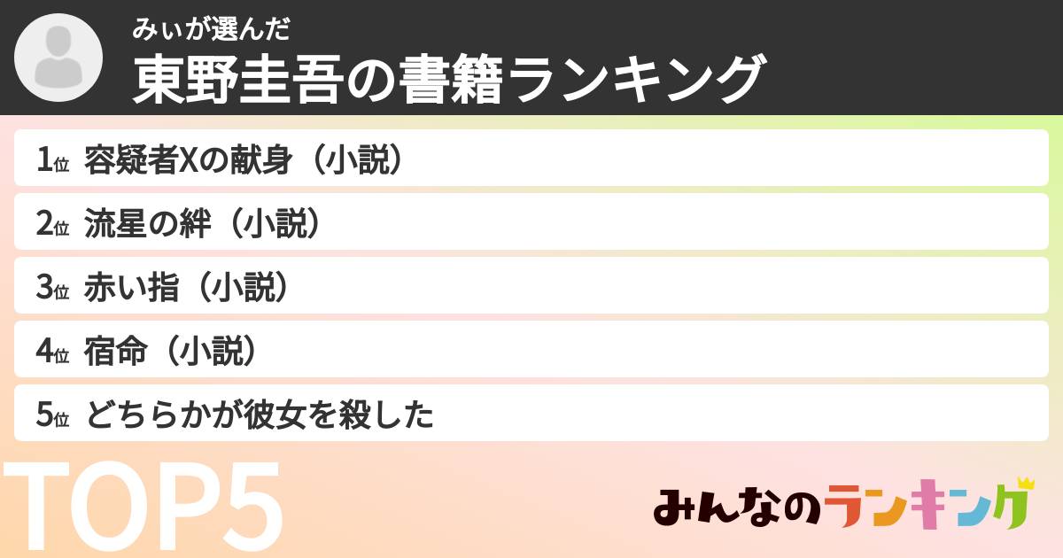 みぃさんの「東野圭吾の書籍ランキング」