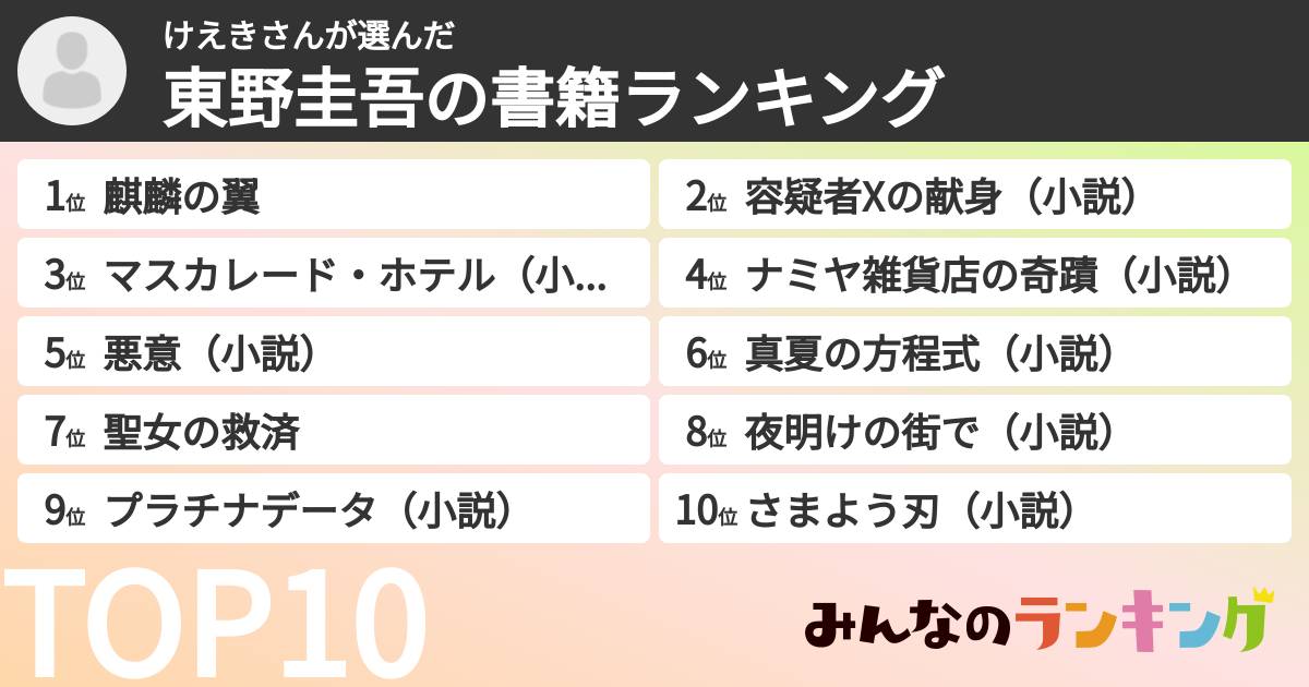 けえきさんさんの「東野圭吾の書籍ランキング」