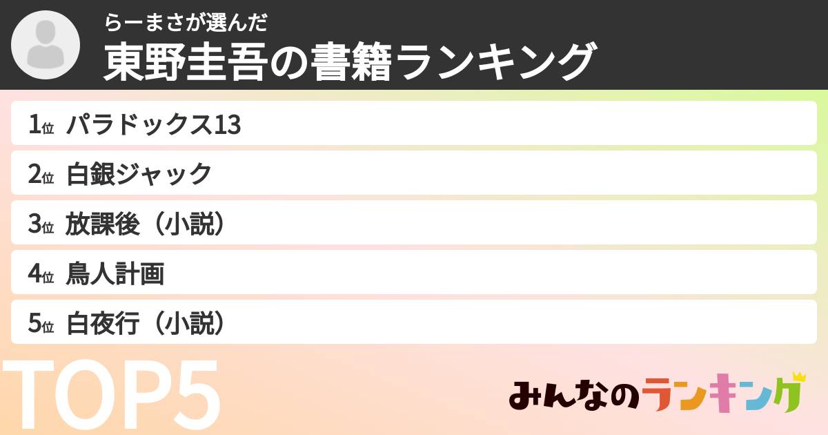 らーまささんの「東野圭吾の書籍ランキング」