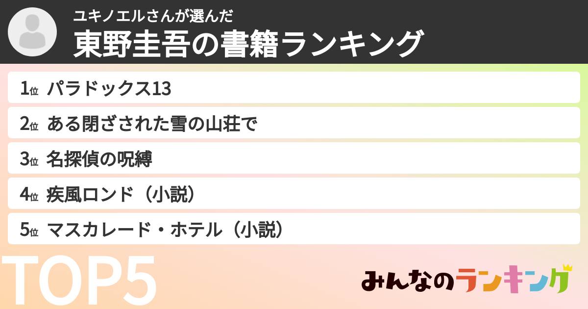 ユキノエルさんさんの「東野圭吾の書籍ランキング」