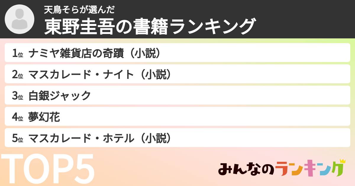 天鳥そらさんの「東野圭吾の書籍ランキング」