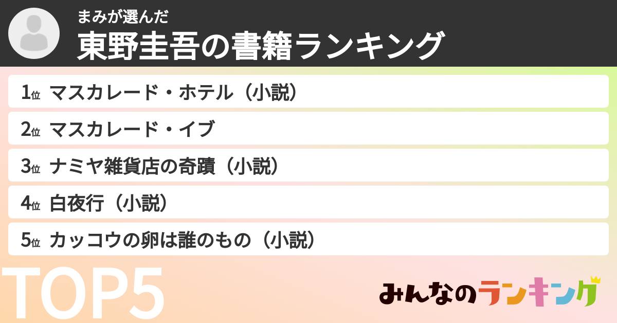 まみさんの「東野圭吾の書籍ランキング」