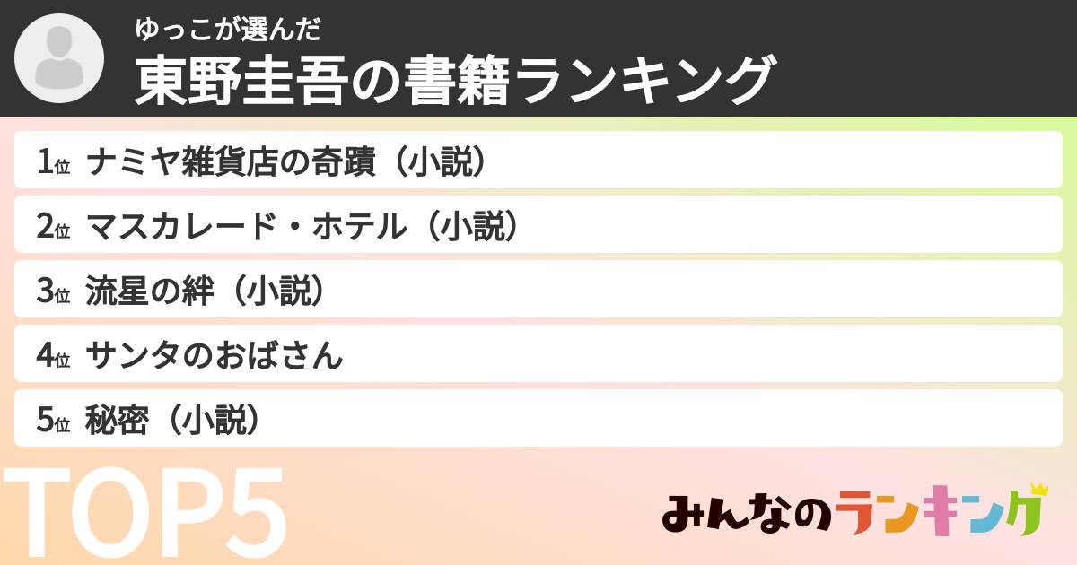 ゆっこさんの「東野圭吾の書籍ランキング」