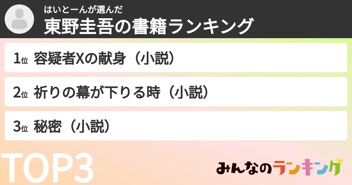 はいとーんさんの「東野圭吾の書籍ランキング」