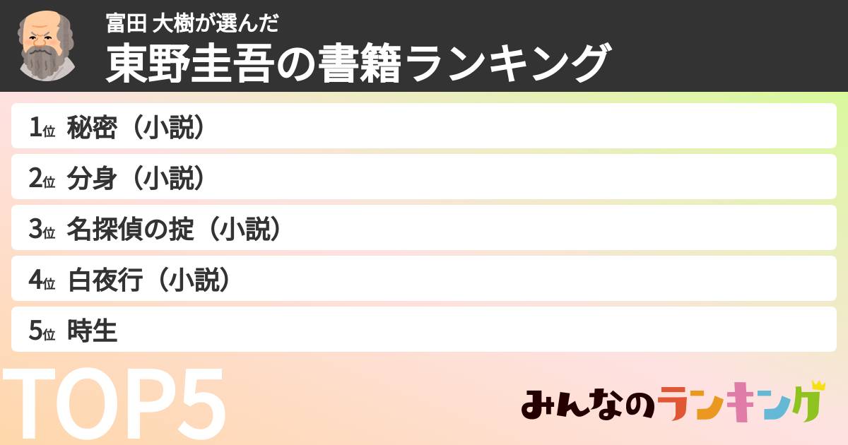 富田 大樹さんの「東野圭吾の書籍ランキング」