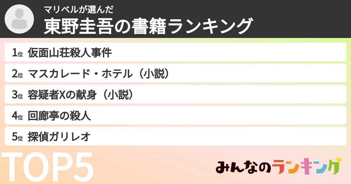 マリベルさんの「東野圭吾の書籍ランキング」
