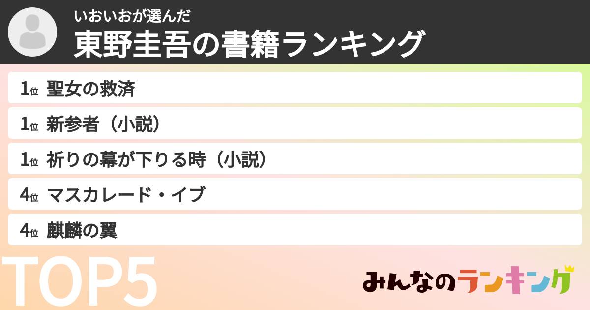 いおいおさんの「東野圭吾の書籍ランキング」