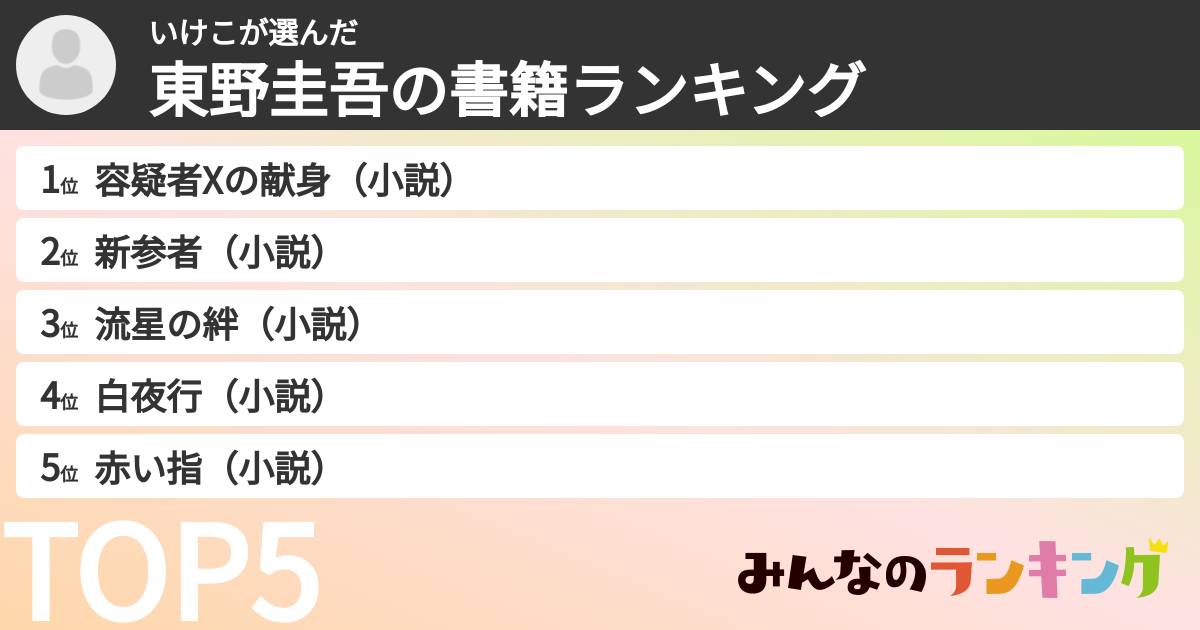 いけこさんの「東野圭吾の書籍ランキング」