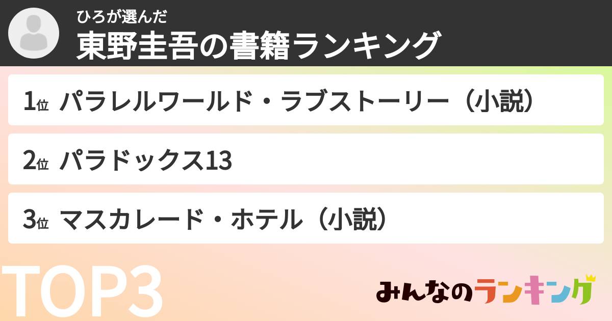 ひろさんの「東野圭吾の書籍ランキング」