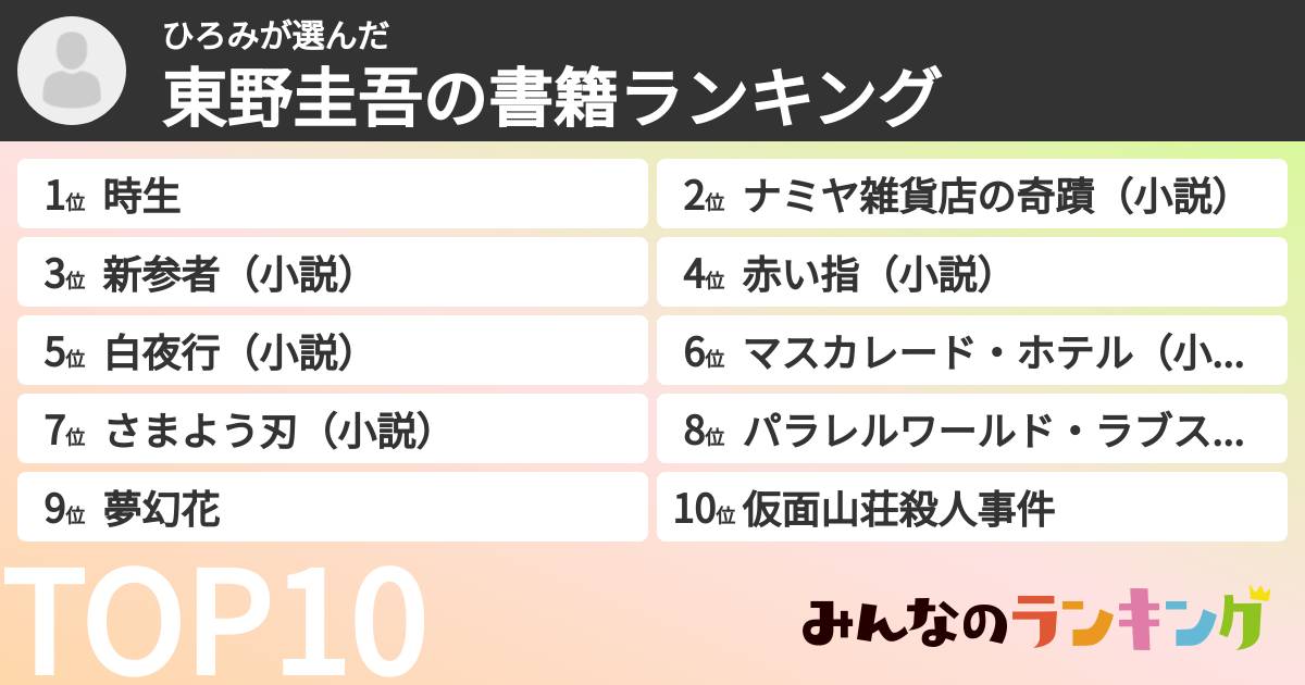 ひろみさんの「東野圭吾の書籍ランキング」