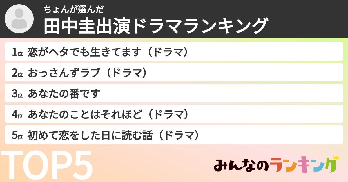 ちょんさんの「田中圭出演ドラマランキング」