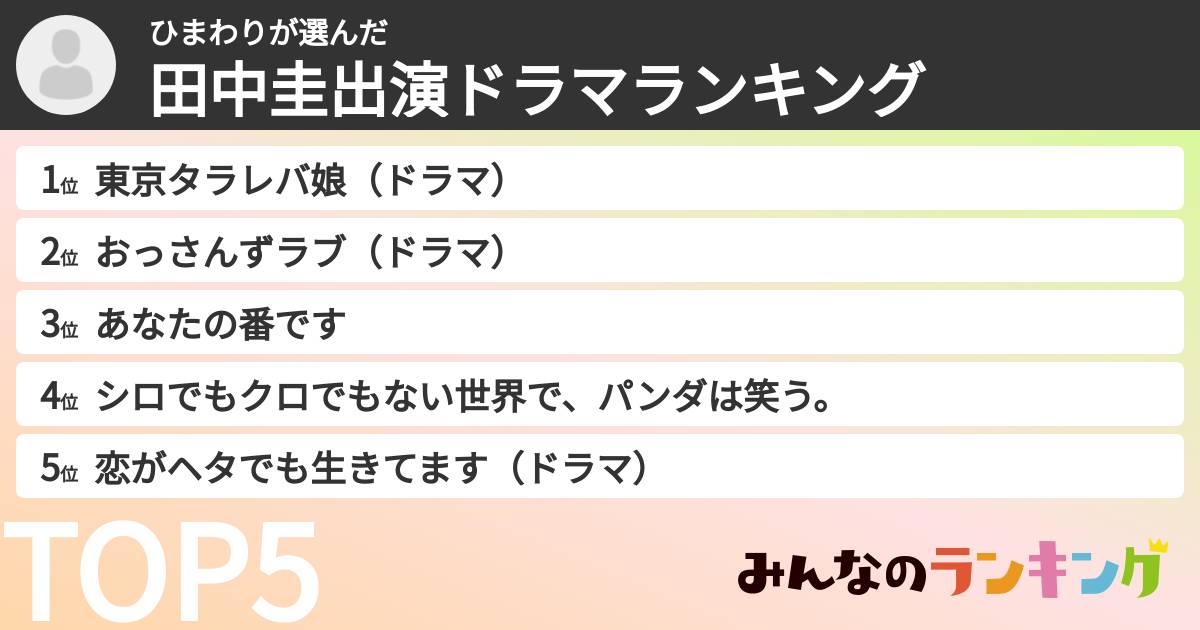 ひまわりさんの「田中圭出演ドラマランキング」